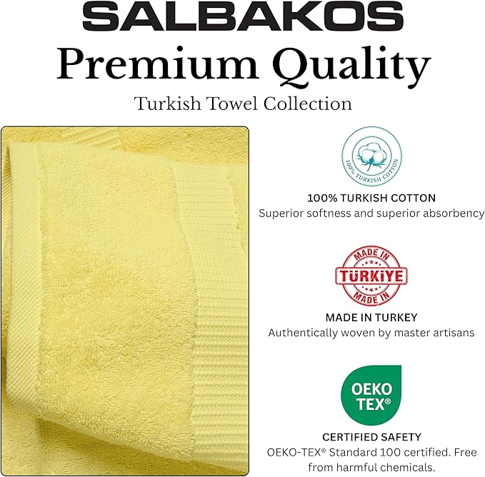 SALBAKOS 100% Turkish Cotton Washcloth Set of 12 13x13 inch | Premium Quality | Hotel & Spa Collection | Ultra Soft, Super Absorbent, Washcloth Towels | Made in Turkey (Yellow, 12 Washcloths)