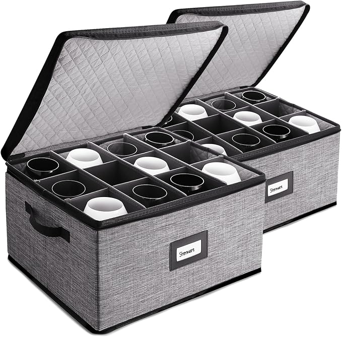 Wine Glass Storage Box with Dividers, 2 Pack Stackable Stemware Storage Cases, Service of 24 Glassware Storage Containers, Quilted China Storage Containers for Moving and Seasonal Storage, Grey