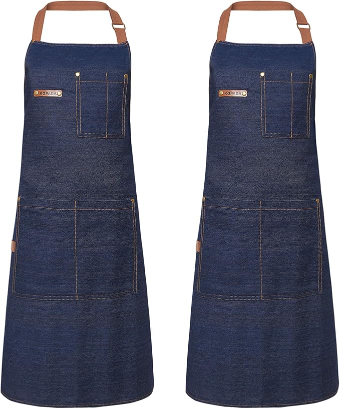 KPD Denim Apron With Pockets - Adjustable Blue for Kitchen, BBQ, and Garden - Work Apron for Men and Women