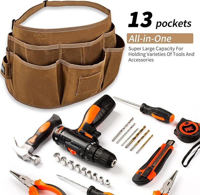 Waist Tool Belts with 13 Pockets,Waxed Canvas Tool Apron,Nail Apron,Woodworking Pouch for Men and Women,Adjustable Length from 28 to 45 Inches