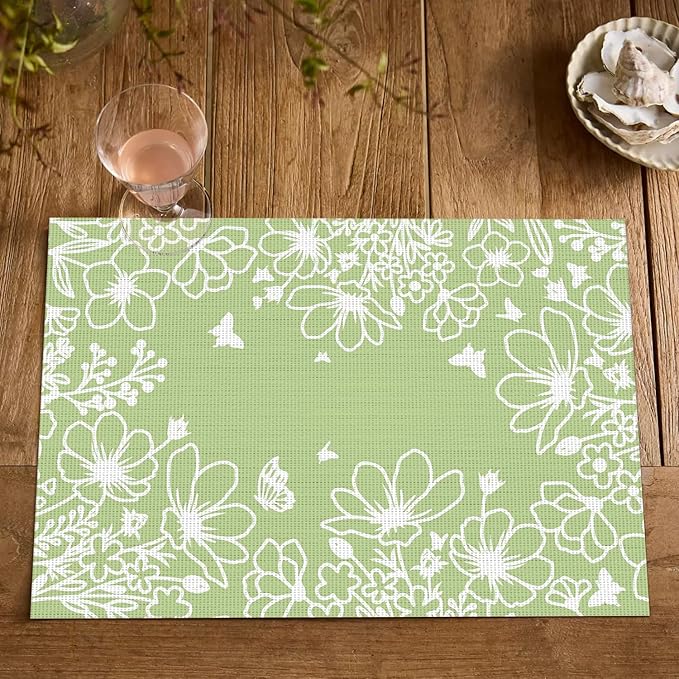 Artoid Mode Green Weed Wild Flower Placemats Set of 4, 12x18 Inch Plastic Woven Washable Non-Slip PVC Place Mats for Party Kitchen Dining Decor