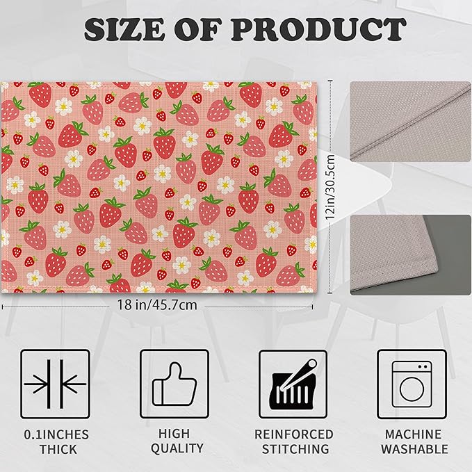 Red Strawberry Placemats for Dining Table Set of 6,Cute Flowers Place Mats for Home Party Kitchen Indoor Holiday Rustic Washable Heat Resistant Table Mats 12 x 18 Inch