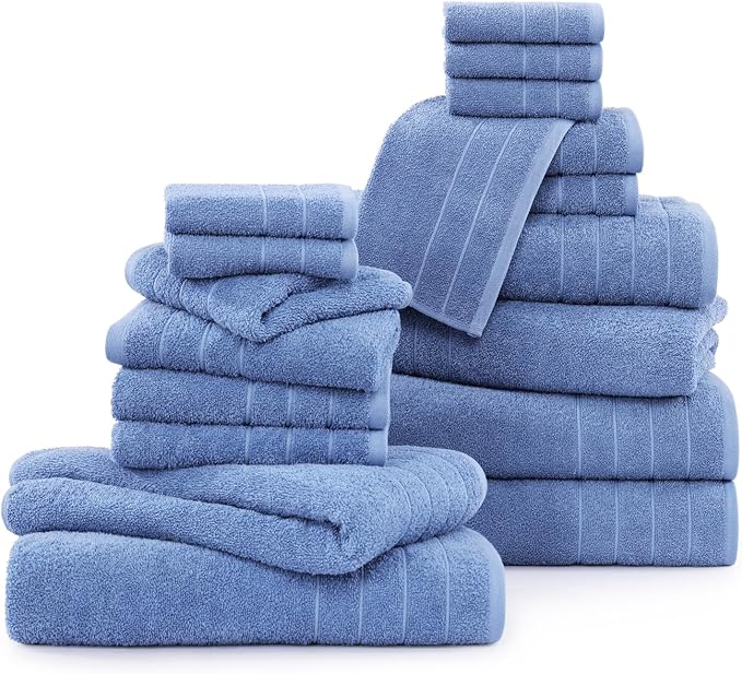 Casa Platino Cotton Bath Towel 18 Piece Set - Super Soft, Quick Dry & Absorbent - 6 Bath, 6 Washcloths, 6 Hand Towels for Bathroom - Hotel Quality & Suitable for Family - Cerulean Blue