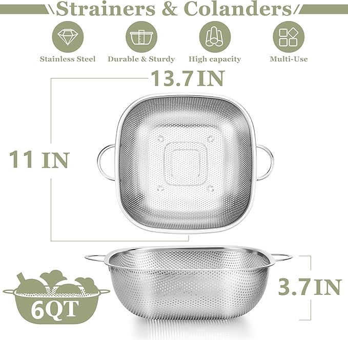 E-far 6QT Stainless Steel Colander with Handle - Square Metal Kitchen Strainer for Pasta & Vegetable Draining, Micro-Perforated & Elevated Feet, Dishwasher Safe