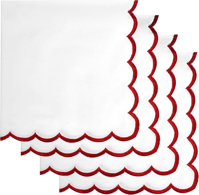 Ridhi Cloth Napkins 100% Pure Cotton Farmhouse Wedding Dinner Napkins Gift for Spring, Easter, Valentine, Holiday, Everyday Napkin (4-18" x 18" White with Red Edge)