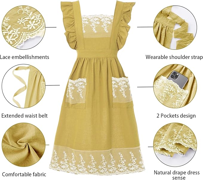 Aoomzoon Vintage Aprons for Women with Pockets Cute Lace Ruffle Adjustable Apron for Cooking Kitchen Baking Gardening