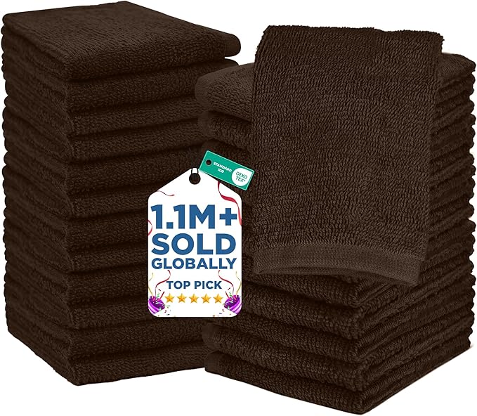 DAN RIVER 24 Pack Wash Cloths for Showering [12x12] - 100% Cotton Washcloths Premium Quality Flannel Face Cloths for Bathroom, Highly Absorbent and Soft Feel Wash Clothes, Brown