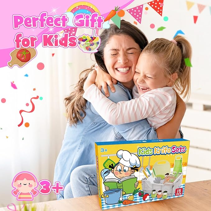 Montessori Toys for 3 4 5 6 7 8 9 10 Year Old Girls Boys Birthday Gifts,Kids Kitchen Knife Set for Real Cooking & Apron and Glove,Toddler Knife Set, Learning Toys