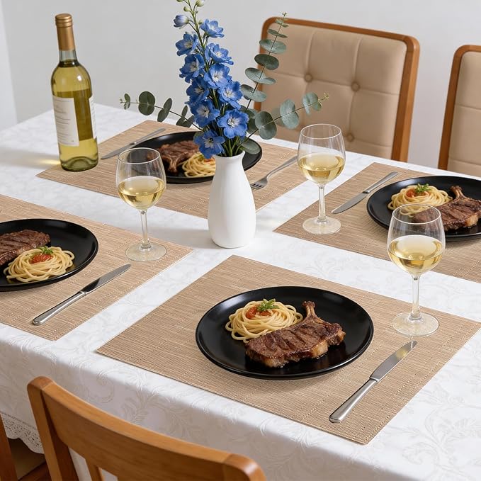Timeet Placemats Set of 6, Heat Resistant Non-Slip Place Mats, Durable Washable PVC Vinyl Woven Table Mats, Linen Textured Table Placemats for Dining Kitchen Resistant Easy to Clean(Brown)