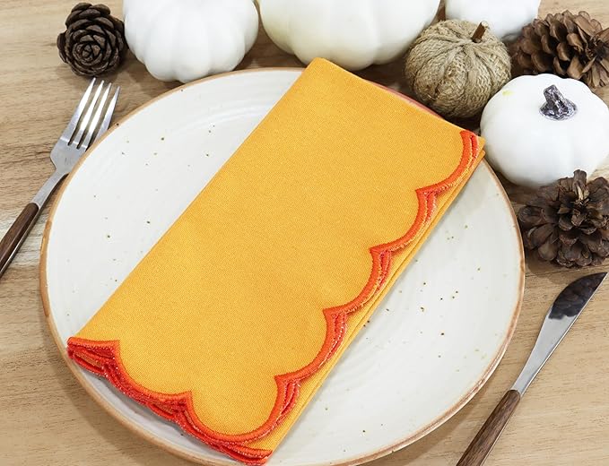 PurpleEssences Scalloped Embroidery Cloth Napkins - Spring Easter Summer - Table Decor - 100% Cotton - Set of 4-18x18 inch - Golden Yellow - Edges - Orange