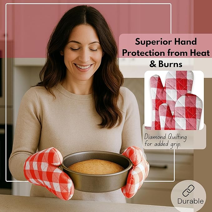 Native Fab Buffalo Plaid Check Oven Mitts and Pot Holders Set of 4, 100% Cotton Heat Resistant Kitchen Gloves, 2 Oven Mitts (7x13), 2 Pot Holders (8x8) for Cooking & Baking, Red White