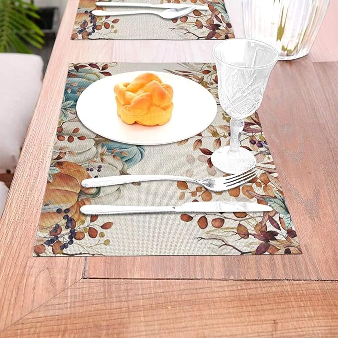 Fall Harvest Placemats 12x18 Inch Set of 4, Thanksgiving Pumpkin Table Place Mat Autumn Maple Leaves Washable Table Mats Decorative Linen Fabric Table Mat for Dining Table