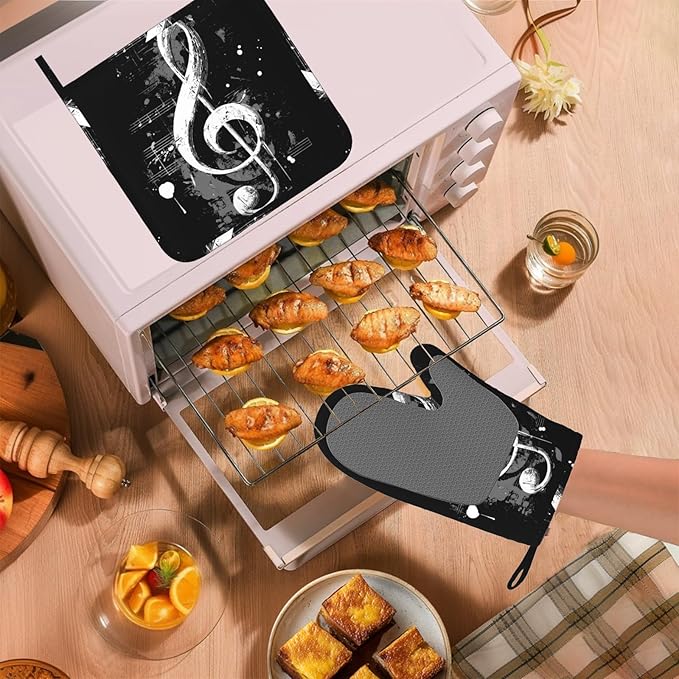 Black Notes Oven Mitts and Pot Holders Sets Non-Slip Silicone Surface for BBQ Gloves,Kitchen,Cooking,Baking,Grilling,BBQ