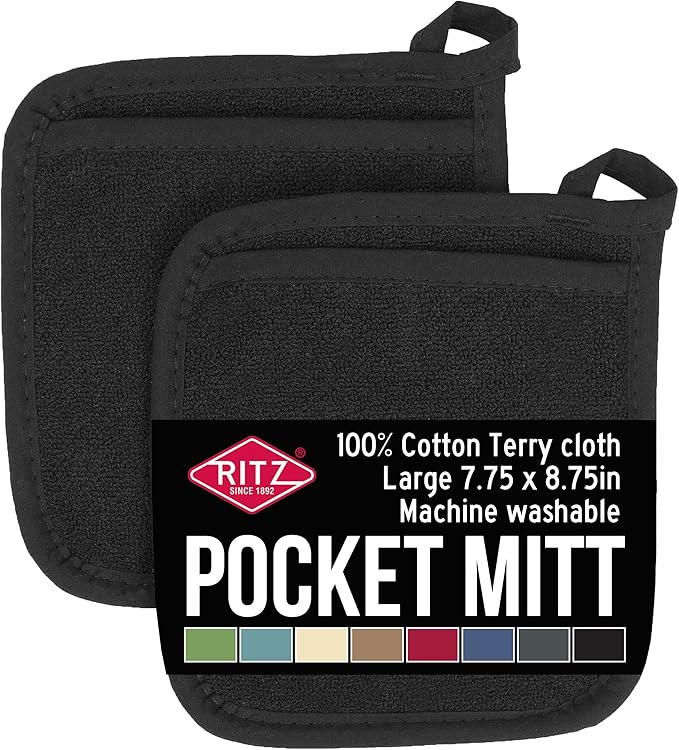 RITZ Terry Pocket Mitt & Hot Pad: Unparalleled Heat Resistant, Durable 100% Cotton – Ergonomically Designed for Optimal Grip – Easy-Care Machine Washable – 2-Pack, Black