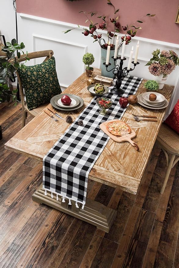 DUOBAO Buffalo Plaid Table Runner 2pcs 14x90-Inch Red and White Checkered Tables-Runners with Tassel Christmas Decoration Gingham Rustic Farmhouse Style