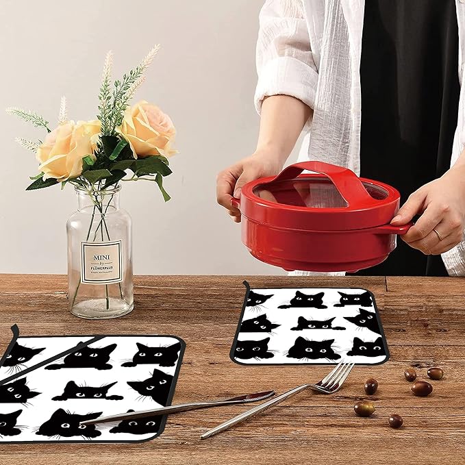 Cute Black Cat Pot Holders Set of 2 Kitchen Heat Resistant Potholder for Microwave Cooking Baking Oven End Dishes and BBQ