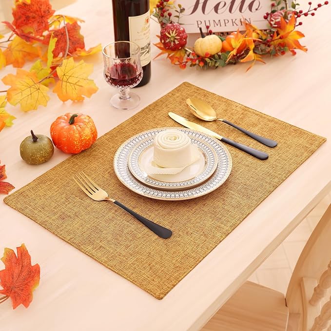 Homaxy Cloths Placemats for Dining Table Set of 6, Heat Resistant Washable Cotton Linen Blend Table Mats, Easy to Clean Place Mats for Indoor Outdoor Party Kitchen Decoration, 13" x 19", Amber