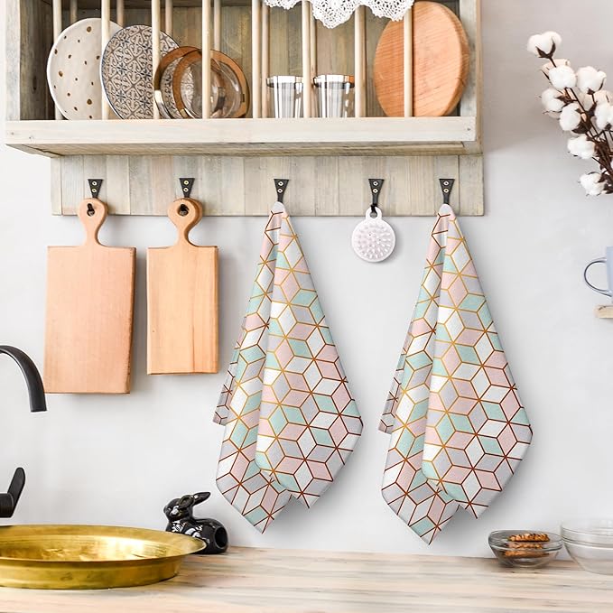 Pink Green Geometric Kitchen Towels Decorative Set of 2, Abstract Modern Dish Towels, Absorbent Hand Towels Tea Towels for Kitchen Decor,Farmhouse Holiday Home Dish Cloths