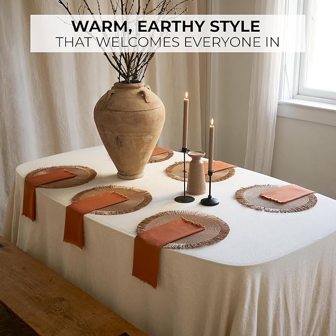 Decorative Boho Table Placemats Set of 6 with Matching Linen-Textured Napkins - Beautiful Natural Decor Elevates Your Dining Room or Kitchen Setting - Easy to Style & Mix with Linen Inspired Material