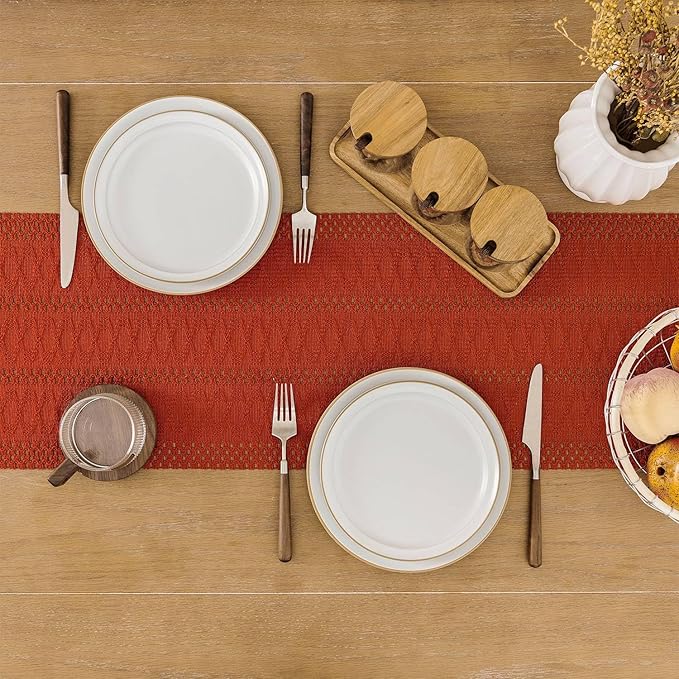ZeeMart Macrame Style Boho Table Runner, Burnt Ochre Fall Table Runners 60 Inches Long, Farmhouse Woven Home Decor, 12x60 Inch, Dark Orange