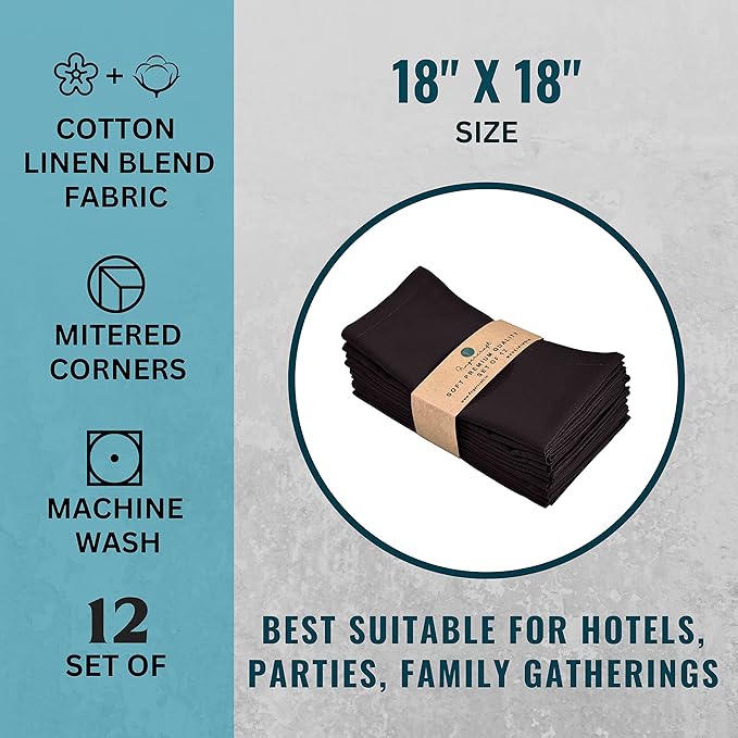 FINGERCRAFT Dinner Cloth Napkin Cotton Linen Blend 12 Pack Natural Premium Quality Mitred Corner for Every Day Use Pre Shrunk and Good Absorbency 18x18 in Easter Color Black