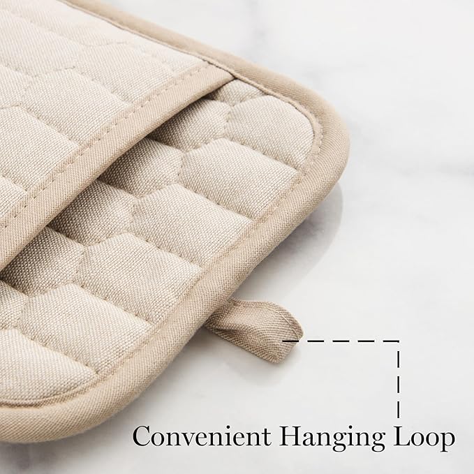 MARTHA STEWART Honeycomb Quilted Chambray Pot Holder 2-Pack Set, 100% Cotton, Flexible Non-Slip Silicone Grip, Heat Resistant, Natural, 7"X10"