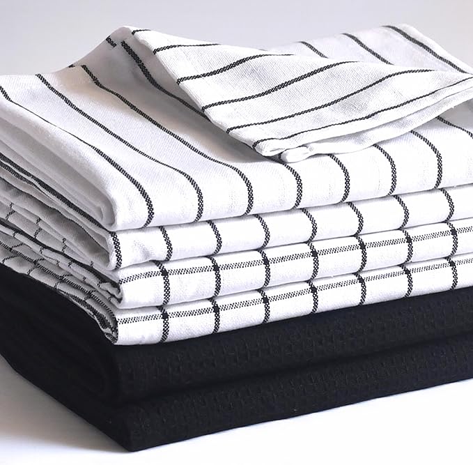 Cotton Dish Towels For Kitchen Drying - Highly Absorbent Wide Black Striped Plaid Tea Towels - 18"X28" Set Of 6 Farmhouse Linen Dishtowels In Bulk - Pano De Prato Para Cozinha - T Towles Towls