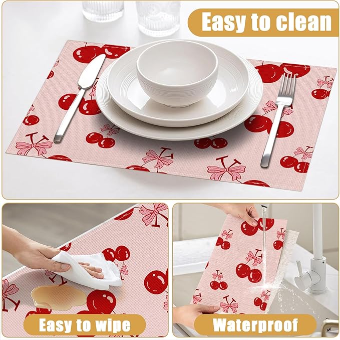Red Cherry Bow Placemats Set of 6, Linen Place Mat Washable Stain Resistant Table Mats for Farmhouse Kitchen Dining Holiday Party Wedding Decor 12x18 Inch