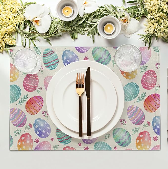 Easter Placemats Set of 4 Watercolor Colorful Eggs Floral Table Mats 12x18 Inch Spring Washable Heat Resistant Linen Fabric Place Mat for Indoor Outdoor Kitchen Dining Home