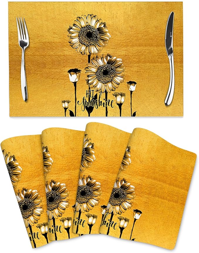 Sunflower Placemats Set of 4, Summer Table Mats for Dining Table, Heat Resistant Washable Linen Gold Place Mats for Kitchen Party Home Farmhouse Decor 12x18 Inch