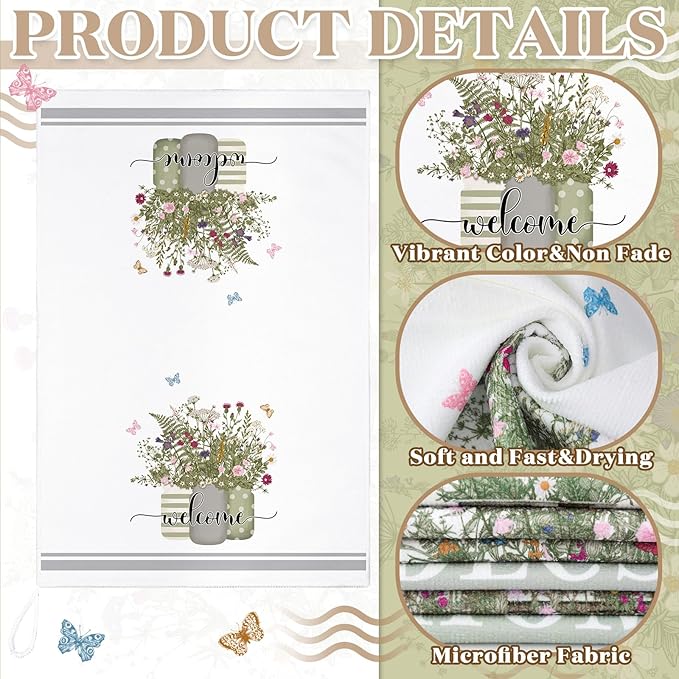 Boyiee Set of 6 Floral Kitchen Towels Wildflower Dish Towels Butterfly Truck Tea Towels 24 x 16 Inches Absorbent Hand Towels Flower Lover Housewarming Gifts for Farmhouse Kitchen Bathroom Decorations