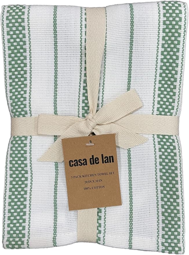 Kitchen Towels Set – Pack of 3 (20’’ x 30’’) Extra Large Premium Cotton Dish Towels for Kitchen – Chain Stripe Towels – Absorbent – 100% Cotton – with Hanging Loop – Olive