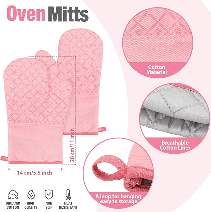 Pink Oven Mitts and Pot Holders 7 Sets, Heat Resistant Kitchen Gloves Pads Potholders for Women Gifts Pot Holders Kitchen Accessories Gift(Pink,Rubber Cotton,Honeycomb)