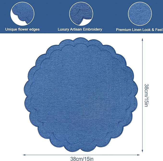 Set of 6 Dark Blue Cotton Linen Placemats, 15x15 Scalloped Flower Embroidery Cloth Table Mats Double Layered Fabric Machine Washable Wrinkle Free Dining Placemat for Hotel Restaurant Kitchen Decor
