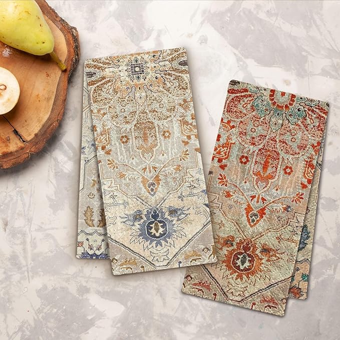 Vintage Oriental Floral Kitchen Towels, Boho Dish Towels Drying Cloth for Kitchen, Antique Boho Abstract Flower Decorative Hand Towel for Bathroom, 16x24 Inch Set of 2