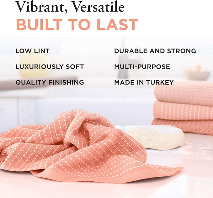 Thyme and Sage 100% Cotton Premium Turkish Kitchen Hand Towel Set, 16"x26", Ultra Absorbent, 350 GSM, Salmon, Pack of 4