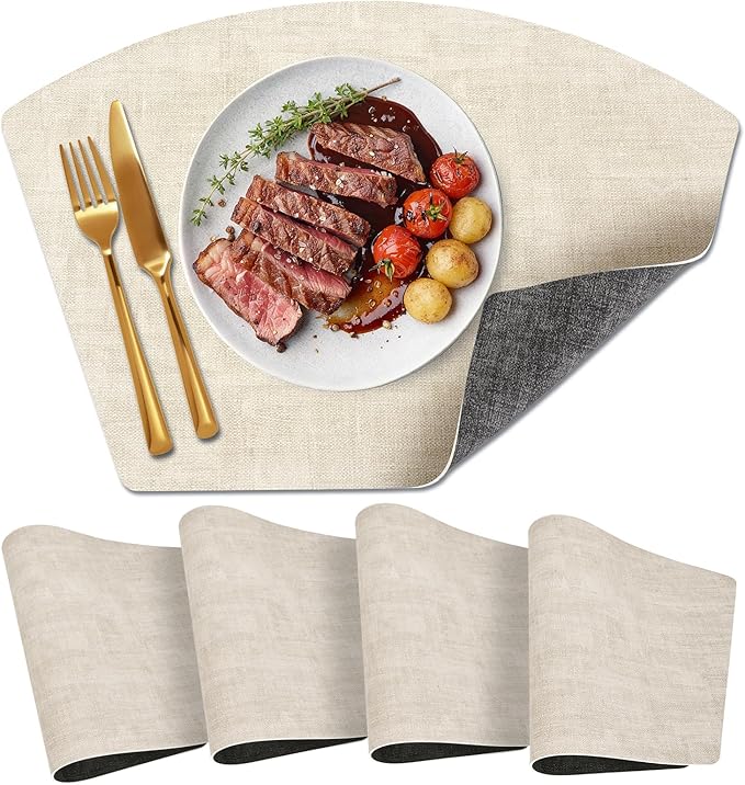 Round Table Placemats Set of 4, Dual-Sided Wedge Shape Faux Leather Table Mats, Washable Wipeable Heat Resistant Place Mats for Outdoor Indoor, Beige Gray