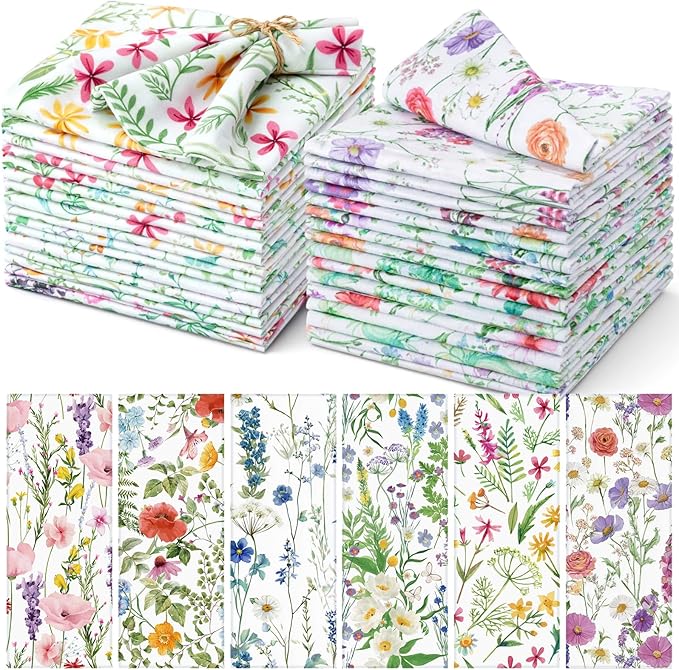 Nuogo 36 Sets Wildflowers Cloth Napkins 15" x 15" Floral Dinner Cloth Napkins Reusable Spring Floral Fabric Hand Towels for Wildflowers Spring Garden Baby Shower Party Table Decor