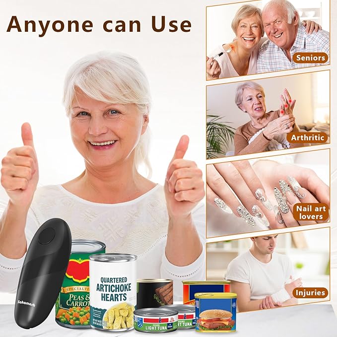 SAKAMOSH Electric Can Opener Smooth Edge, Battery Operated Kitchen Can Opener for Seniors with Arthritis, One Touch Side Cut Fits Most Can Sizes, Left-handed Friendly, Ideal Holiday Gift