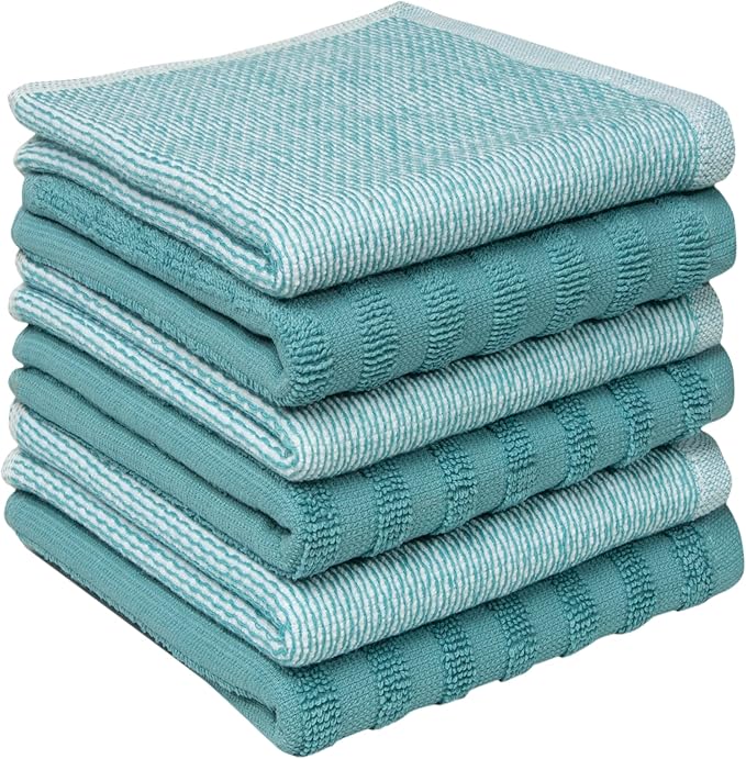 Bumble Premium Dish Cloths 13"x13" (6 Pack) | 100% Natural Ring Spun Cotton | 400 GSM | Highly Absorbent & Soft |Yarn Dyed & Solid Dyed Terry Dish Cloth Set - Aqua