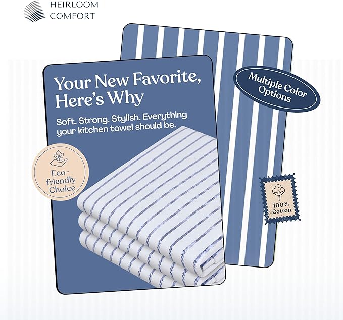 Indigo Blue Stripe Kitchen Towels, 5 Pack, 100% Cotton, Super Absorbent and Quick Dry, Classic Striped Towel Set, Durable Dish Cloths for Kitchen Use, Cleaning & Drying Dishes