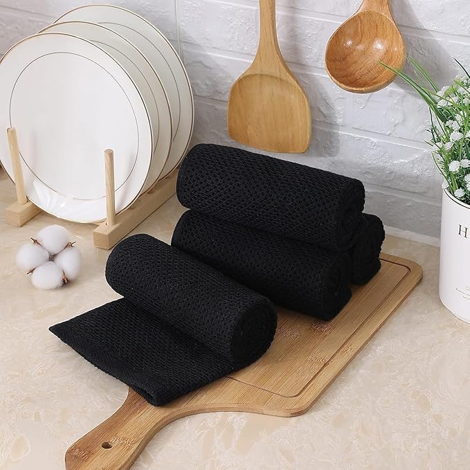 Kitinjoy 100% Cotton Waffle Weave Kitchen Hand Towels (13 X 28 Inches, Black), 12-Pack Super Soft and Absorbent Dish Towel for Drying Dishes