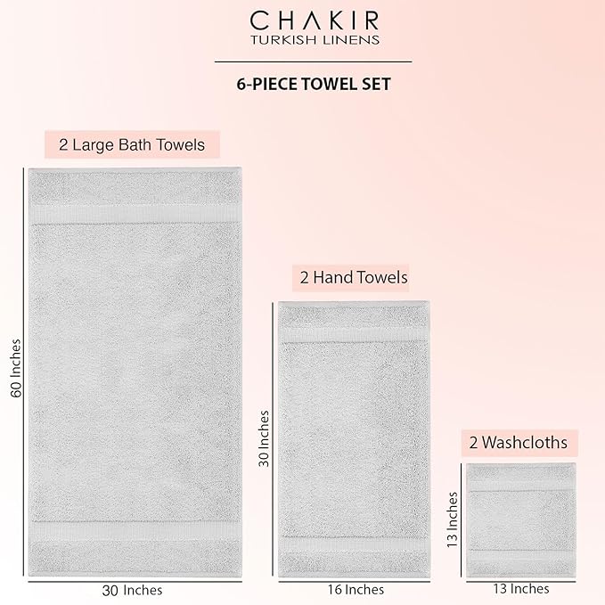 Chakir Turkish Linens 100% Cotton Premium Turkish Towels for Bathroom, 2 Large Bath Towels 36x60, 2 Hand Towels, 2 Washcloths (6-Piece Towel Set, Silver)
