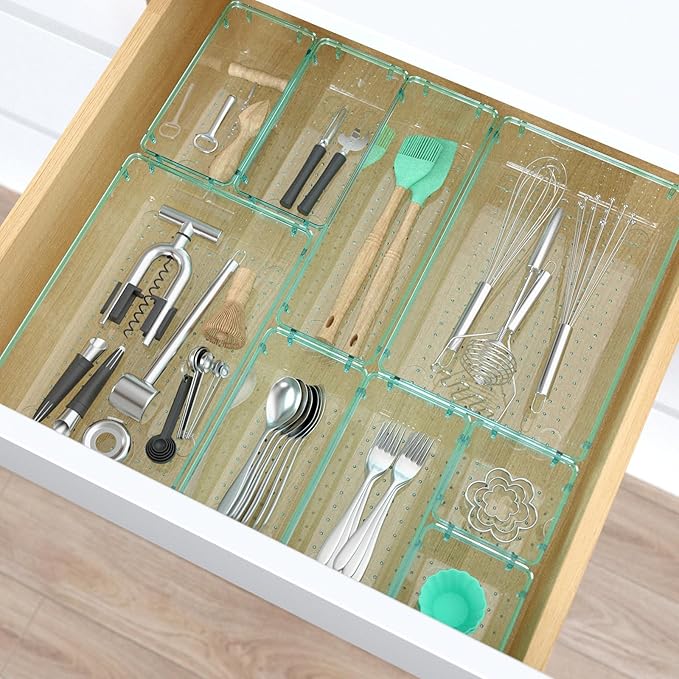 StorMiracle 28 PCS Clear Plastic Drawer Organizers Set, 4 Size Desk Drawer Organizer Trays for Makeup, Jewelry, Kitchen Utensils, Gadgets and Office Accessories, Sea Blue