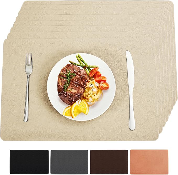 Vinyl Placemats Set of 8 Heat Resistant Easy Clean Non-Slip Place Mats for Dining Table Faux Leather Waterproof Stain Resistant Wipeable Washable PVC Table Mats(8, Beige)
