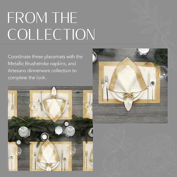 Villeroy & Boch Metallic Brushstroke Modern Linen Blend Placemat Set, 14 Inches x 20 Inches, Set of 4, Ivory and Gold