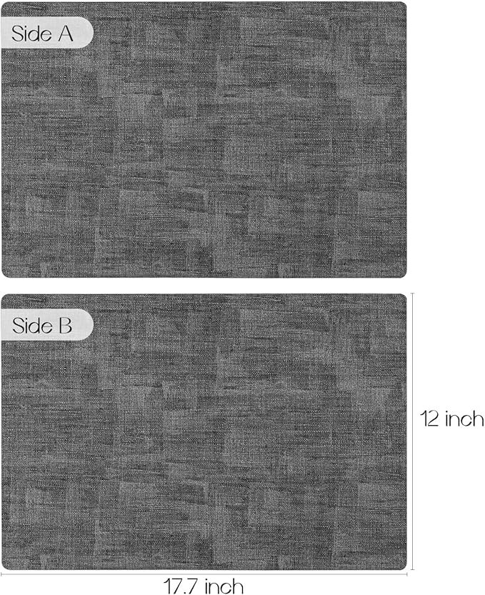 Romanstile Vinyl Placemats Set of 8-12x17 Inch, Reversible Waterproof Washable Non Slip Table Mats, Faux Leather Heat Resistant Wipeable Table Placemats for Dining/Party/Indoor/Outdoor, Dark Grey