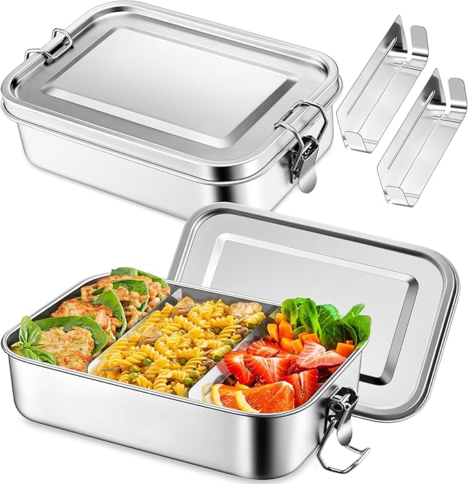 TeamFar Stainless Steel Bento Box, 2 Pack 47oz/1400ml Metal Lunch Box with 3 Compartments for Adults Kids, Large Lunch Food Containers for School/Work/Meal Prep, Leak-Proof & Dishwasher Safe