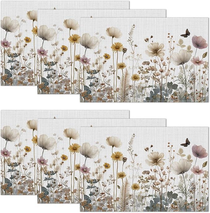 Wildflowers Herbs Placemats Set of 6,12 x 18 Inch Table Mats Washable Heat Resistant Linen Fabric Rectangle Place Mat for Party Home Kitchen Dining