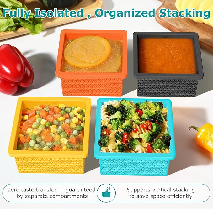 Silicone Freezer Molds for Soup Cube - 2-Cup Freezer Storage Container Tray with Lid,4 Pack Stackable Ice Cube Trays for Portion Control,Food Storage & Meal Prep (Lake Blue+Dark Gray+Orange+Yellow)
